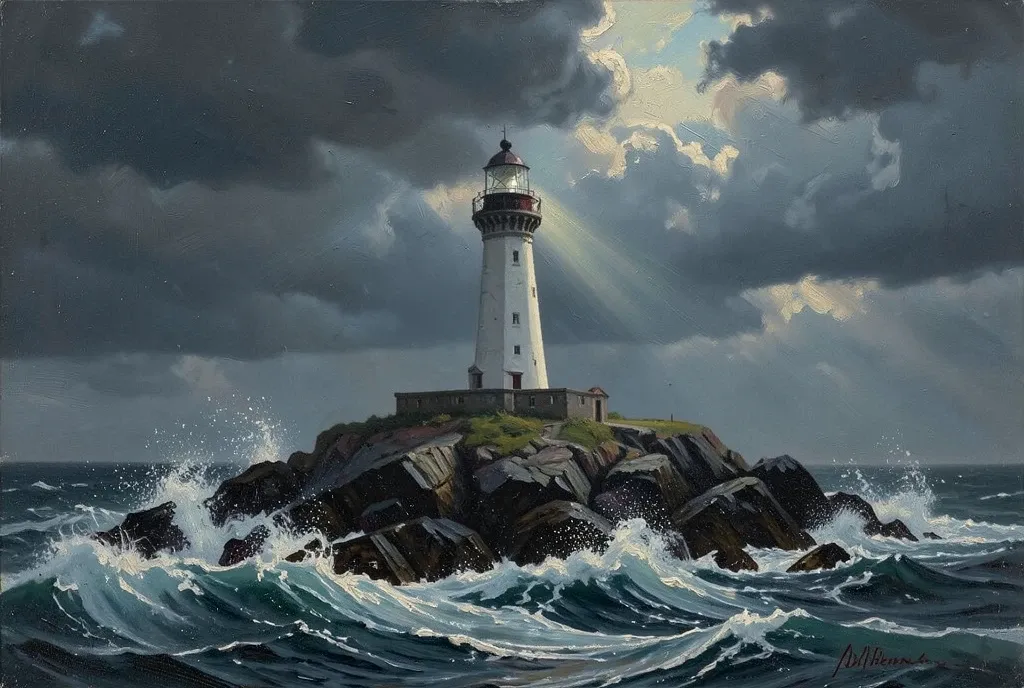 Oil painting of a lighthouse on rocky cliffs in a storm, waves crashing and light breaking through dark clouds