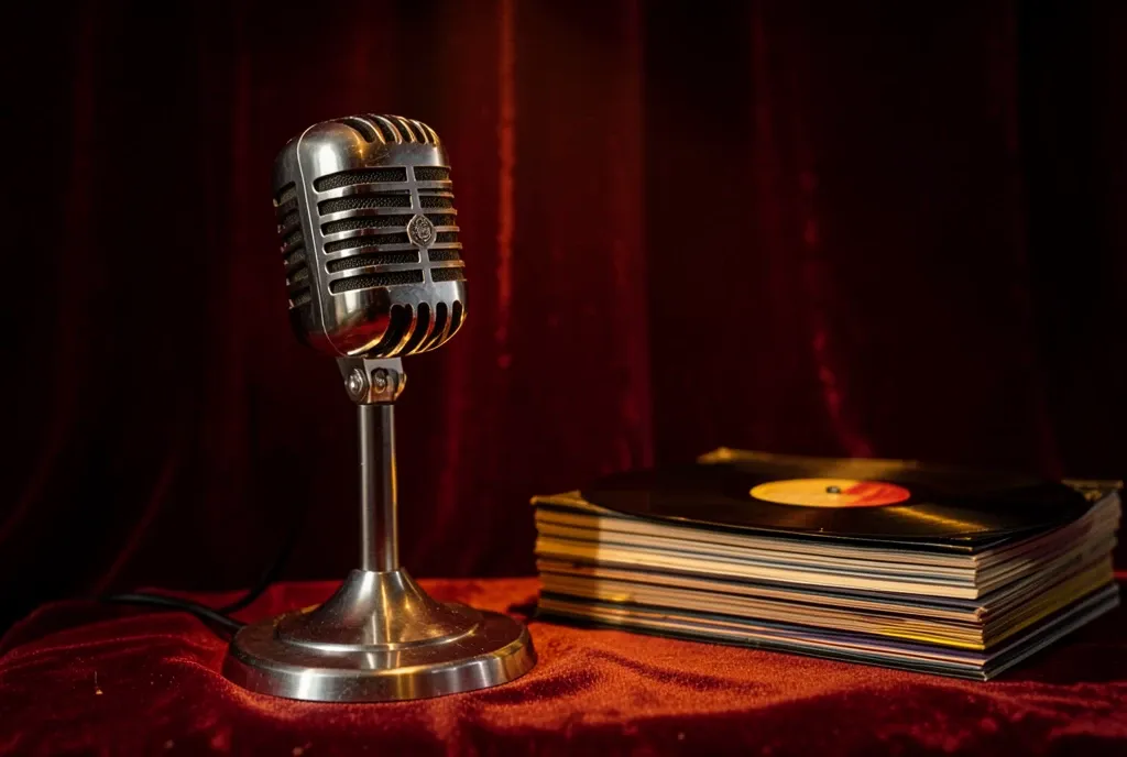 Classic chrome microphone on a stand beside a stack of vinyl records under warm spotlight
