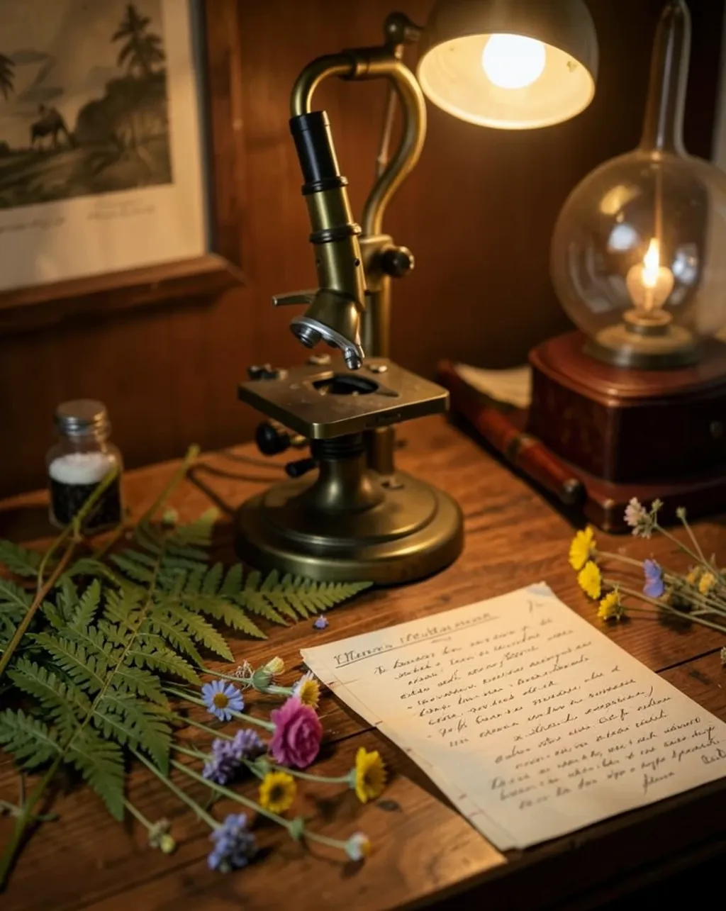 Vintage brass microscope and botanical press with pressed ferns on a wooden desk
