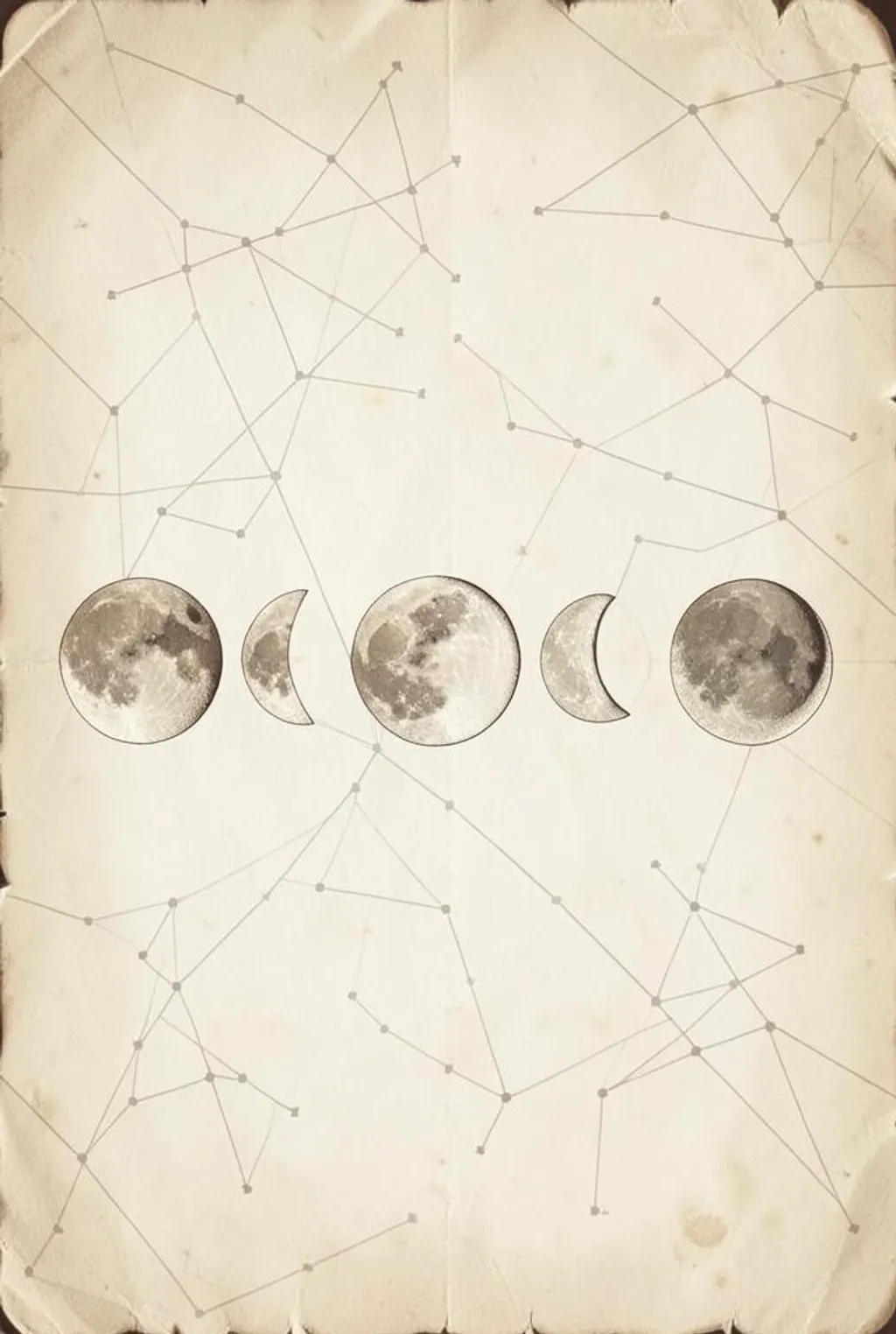 Vintage moon phases arranged in a row on aged cream paper with faint constellation background