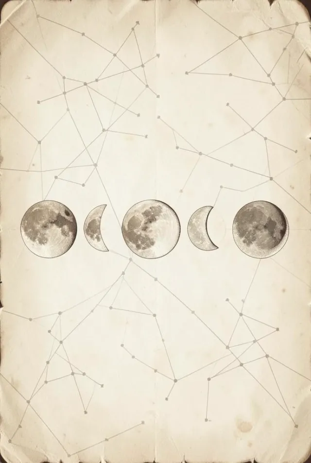 Vintage moon phases arranged in a row on aged cream paper with faint constellation background