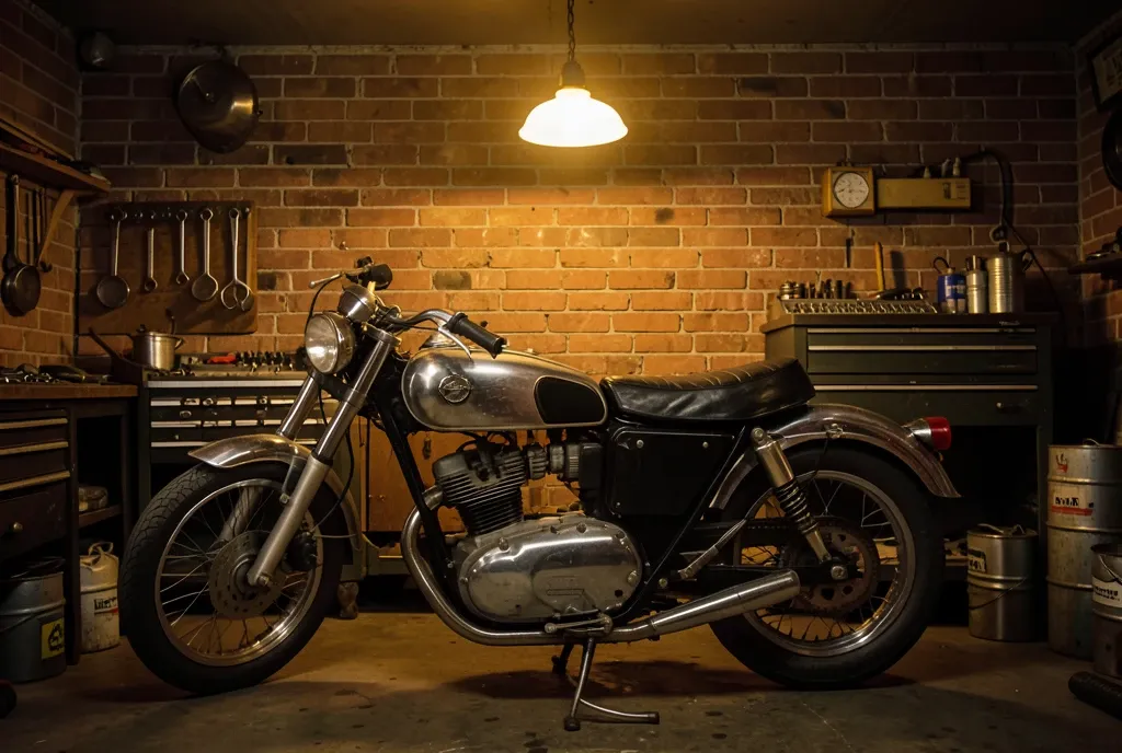 Vintage chrome motorcycle in a garage under warm tungsten bulb with tools and brick wall