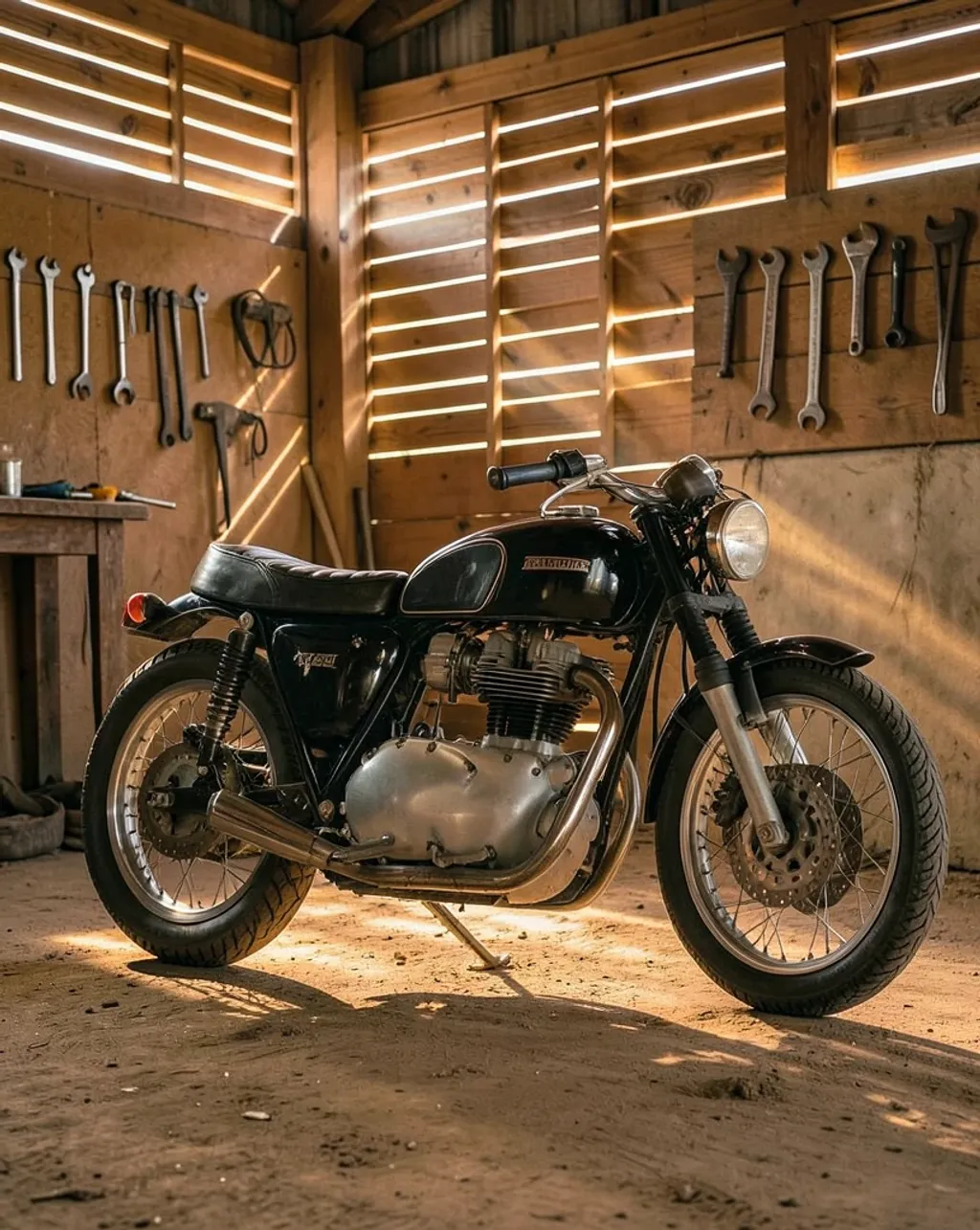 Vintage black cafe racer motorcycle in a barn with warm afternoon light through wooden slats