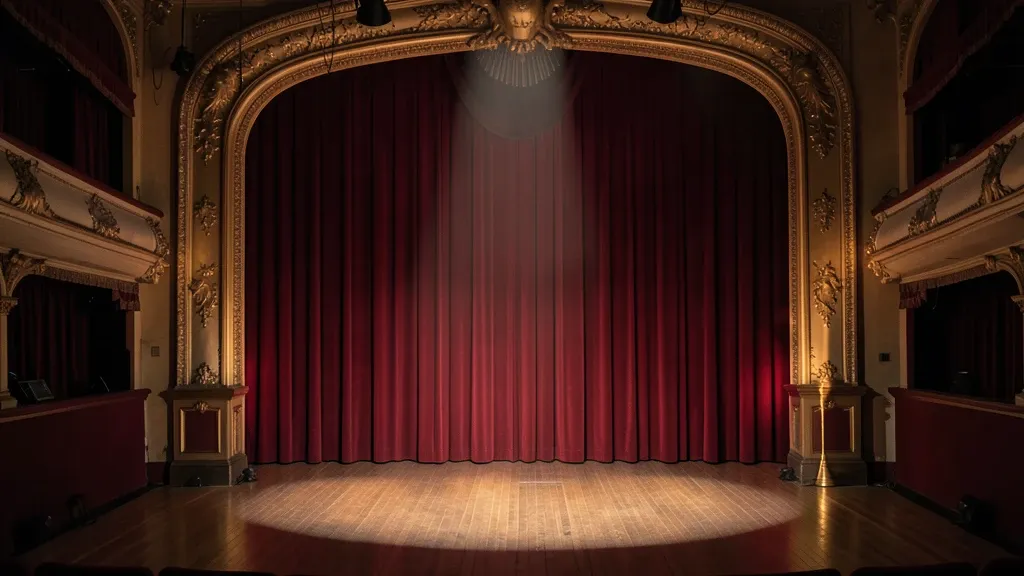 Vintage music hall stage with red velvet curtains, gilded arch, brass footlights, and spotlight on floor