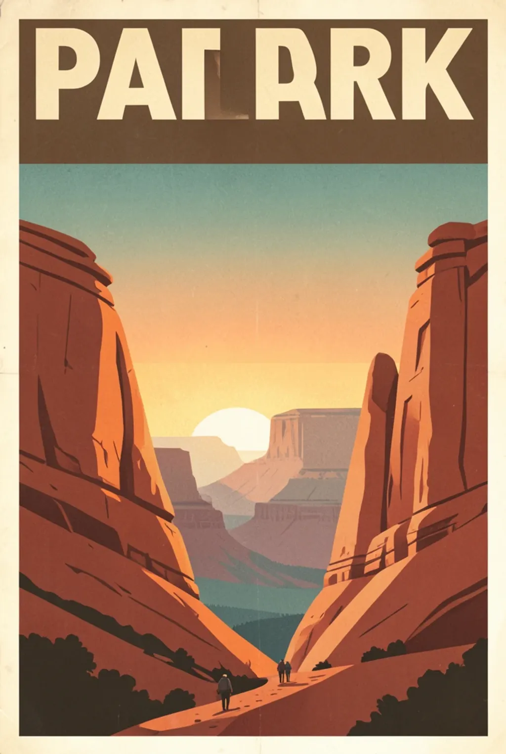 Vintage WPA-style national park poster of red rock arches at sunset with tiny hikers and a blank title banner