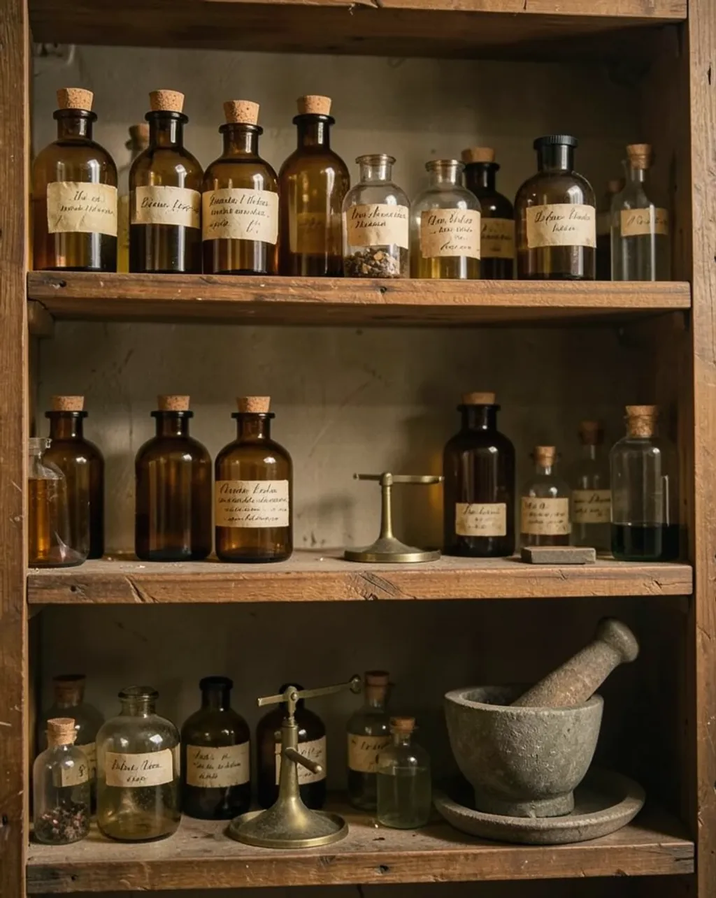 Vintage pharmacy apothecary shelves with amber bottles, brass scales, and a mortar and pestle