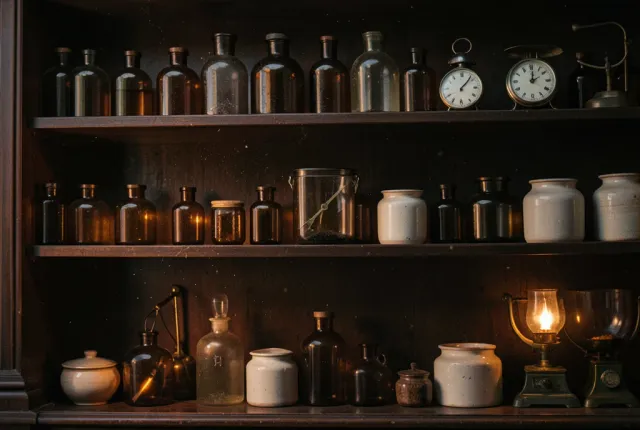Vintage pharmacy shelves with amber glass bottles, ceramic jars, and old scales under warm lamplight