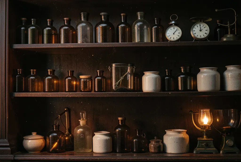 Vintage pharmacy shelves with amber glass bottles, ceramic jars, and old scales under warm lamplight