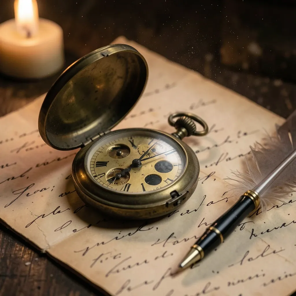 Vintage brass pocket watch on faded handwritten letters with a quill pen in warm candlelight