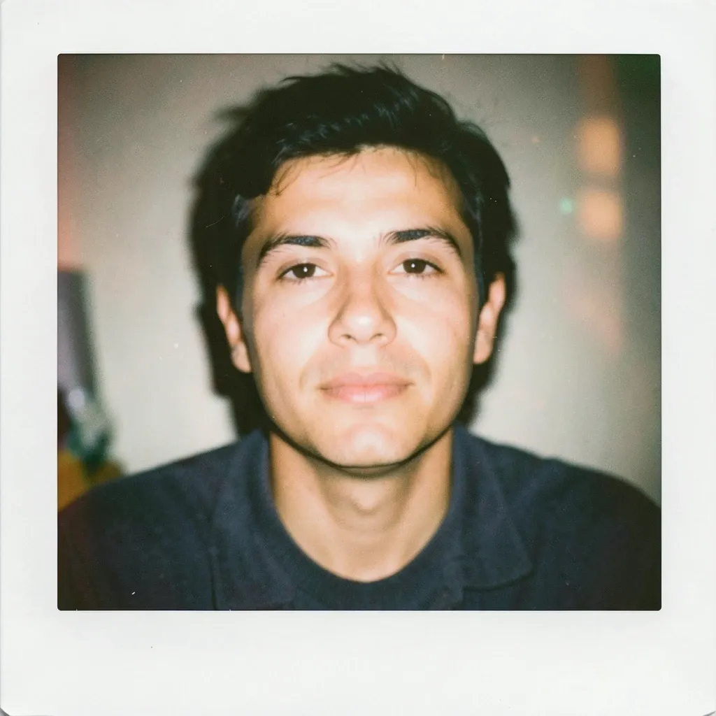 Candid vintage instant-film portrait with soft washed colors, gentle flash and subtle grain