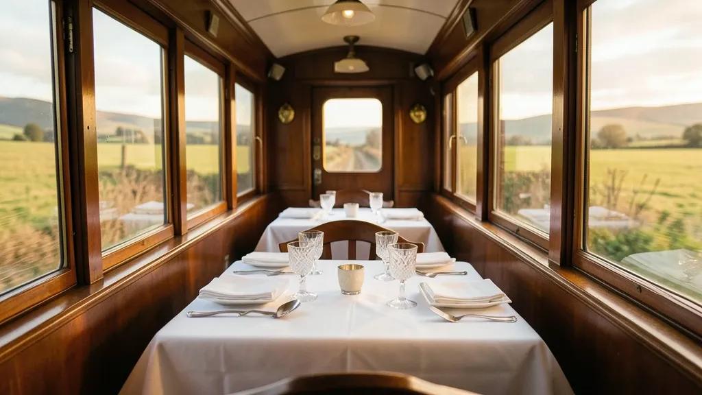 Vintage railway dining car with white tablecloths, polished silverware, crystal glasses, and passing countryside