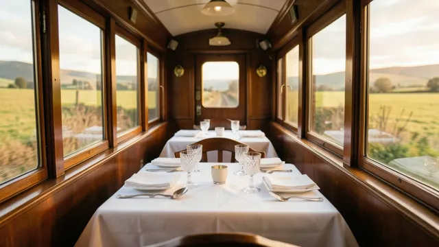 Vintage railway dining car with white tablecloths, polished silverware, crystal glasses, and passing countryside