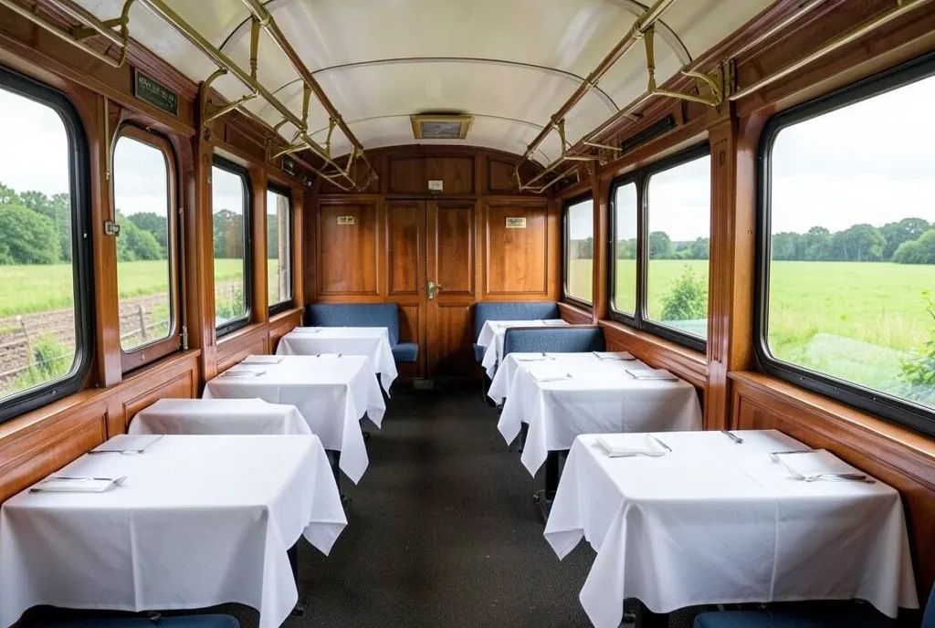 Vintage art deco railway dining car with white tablecloths, wood paneling, brass racks, and green countryside