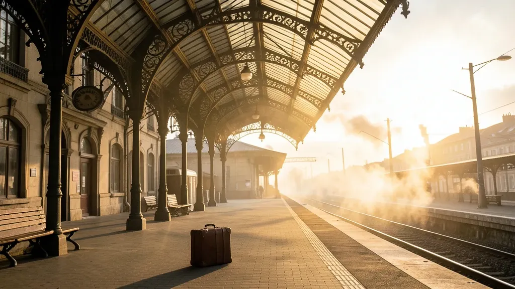 Vintage European railway station at dawn with golden light and morning steam