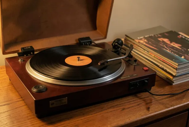 Vintage turntable with tonearm on a spinning record beside a stack of vinyl albums on warm wood