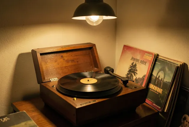 Vintage wooden record player with spinning vinyl record, warm lamp, and stack of album covers