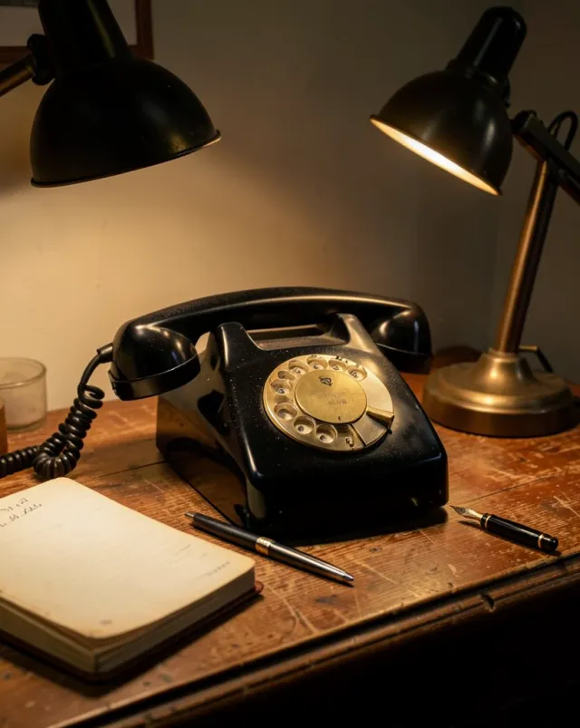 Vintage black bakelite rotary phone with brass dial on a worn wooden desk under warm lamp glow