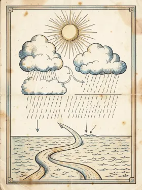 Vintage science diagram of the water cycle in sepia ink with blue and amber accents on aged cream paper