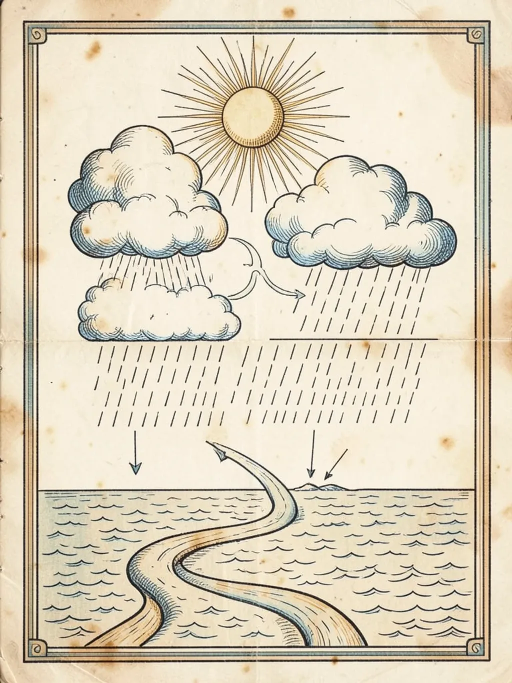 Vintage science diagram of the water cycle in sepia ink with blue and amber accents on aged cream paper