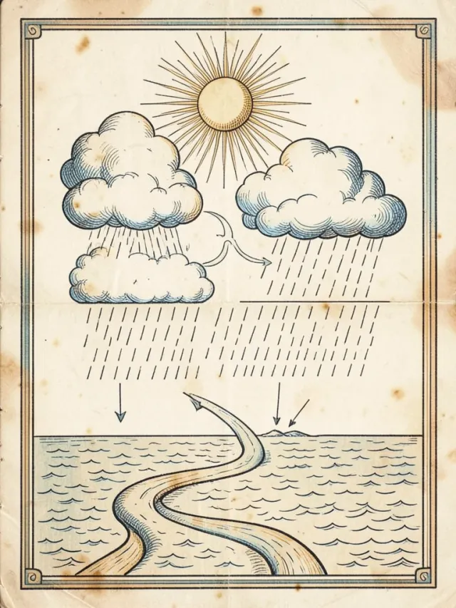 Vintage science diagram of the water cycle in sepia ink with blue and amber accents on aged cream paper