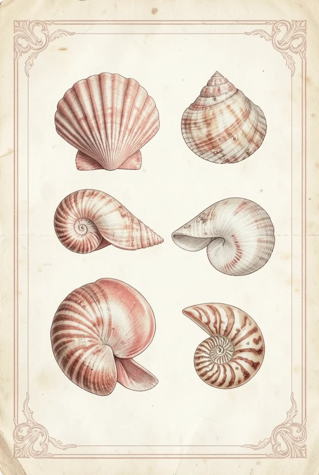 Detailed conch, scallop, and nautilus shells arranged on aged cream paper in vintage style