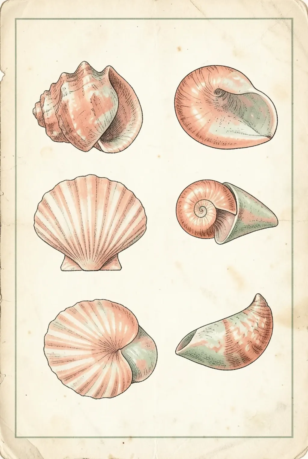 Vintage seashell study print with conch, scallop, and nautilus shells on aged cream paper