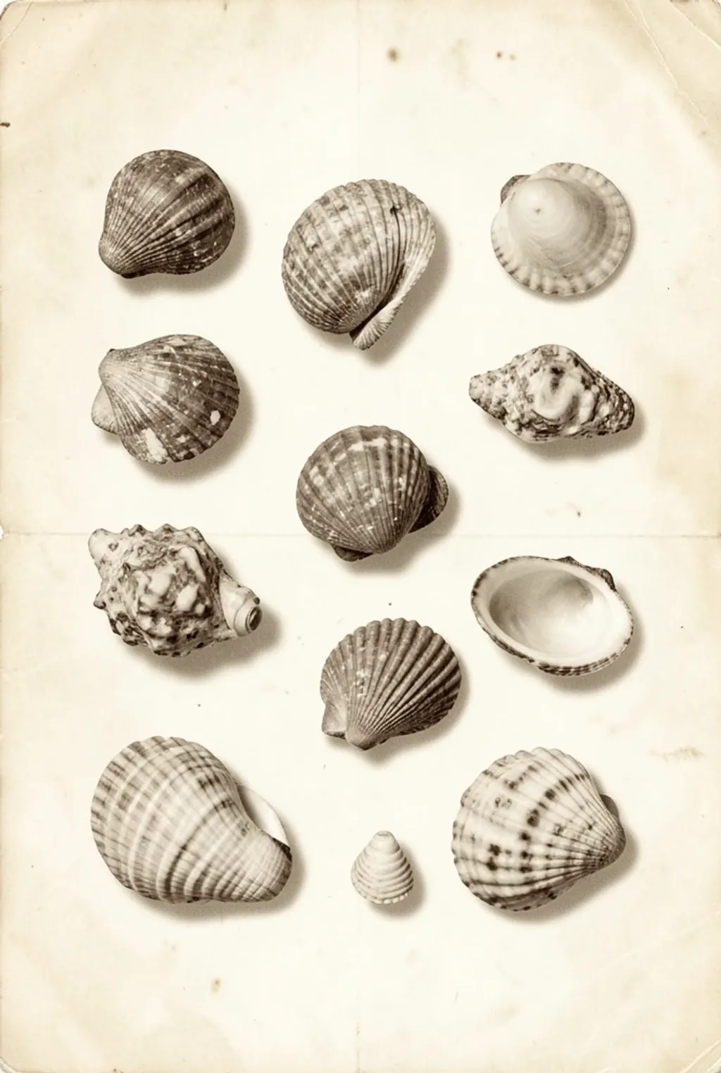 Assorted seashells arranged on aged cream paper in soft sepia tones for a vintage study print