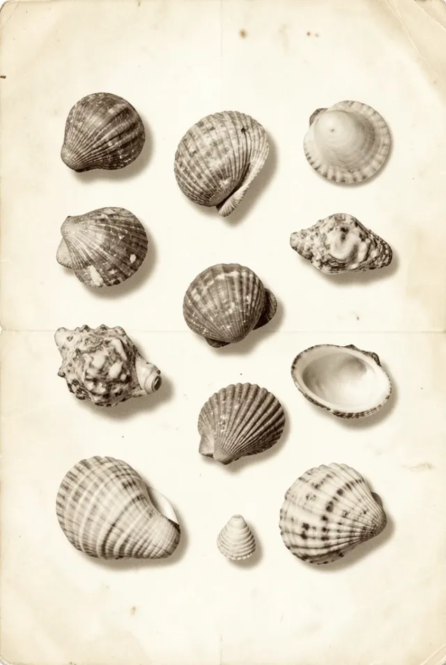 Assorted seashells arranged on aged cream paper in soft sepia tones for a vintage study print
