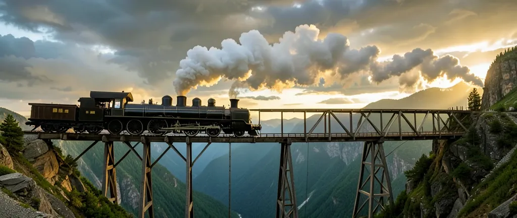 Black steam locomotive with billowing smoke crossing a tall wooden trestle bridge over a deep green canyon