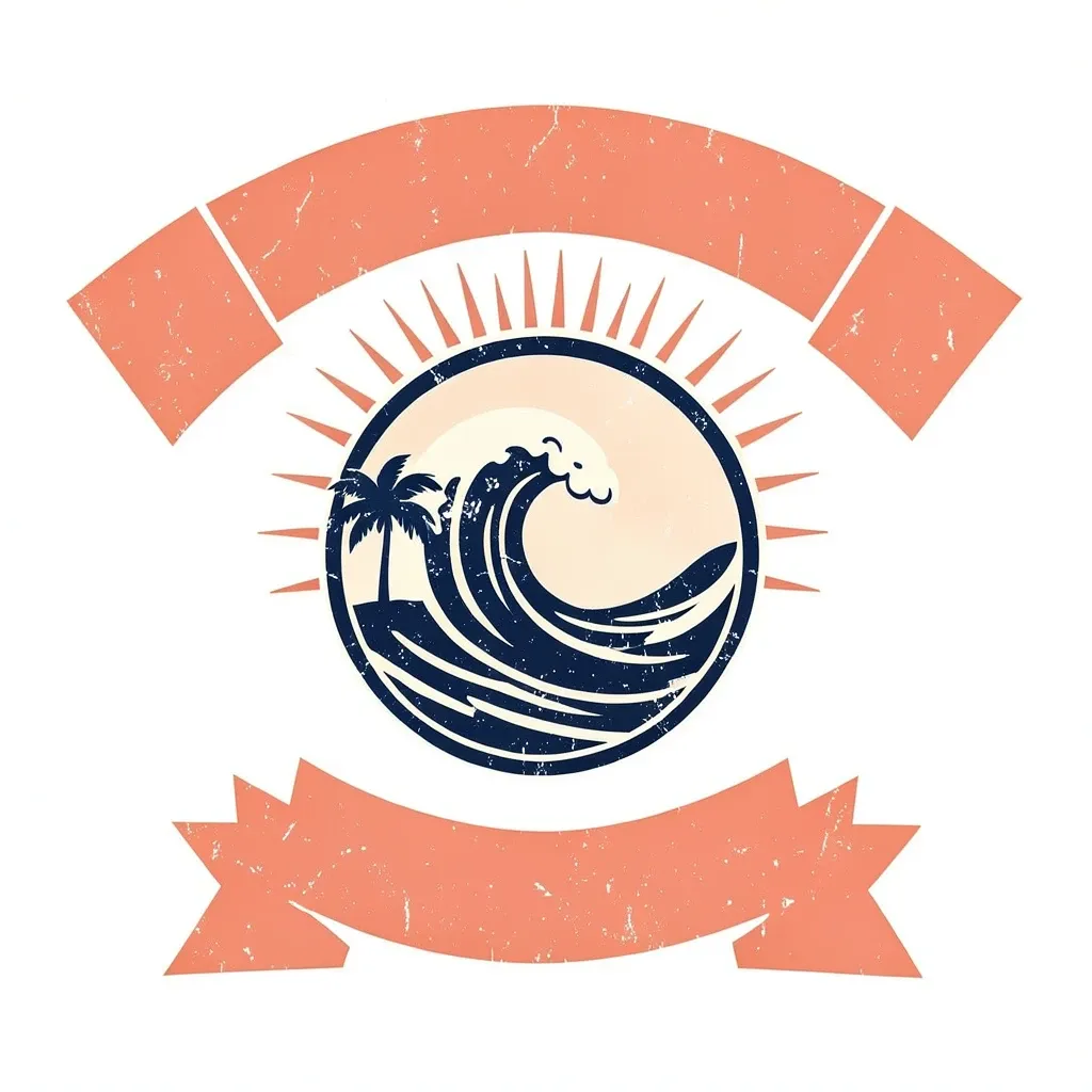 Vintage circular surf badge t-shirt design with a wave and palm tree in bold line art