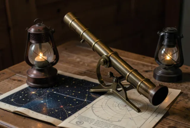 Brass telescope aimed upward beside open star charts on a wooden desk with a small lantern