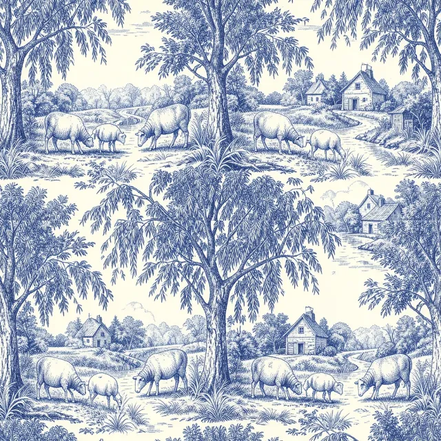 Vintage toile de Jouy seamless pattern of a pastoral shepherd scene in blue on cream with engraving linework