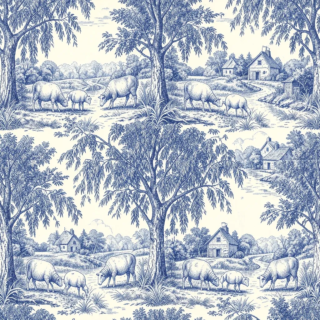Vintage toile de Jouy seamless pattern of a pastoral shepherd scene in blue on cream with engraving linework