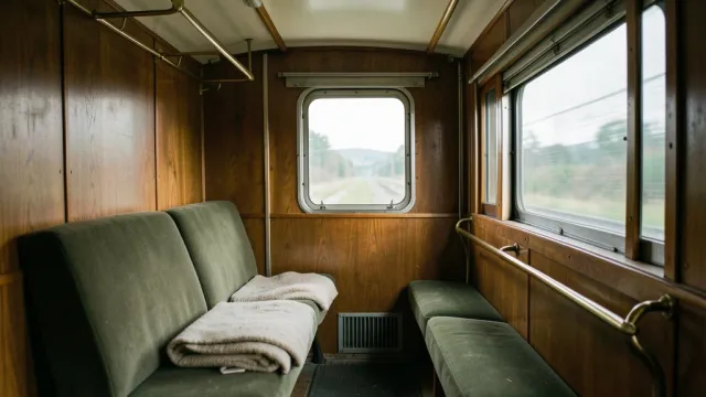Vintage wood-paneled train compartment with plush seats, brass luggage rack, folded blanket, and passing landscape