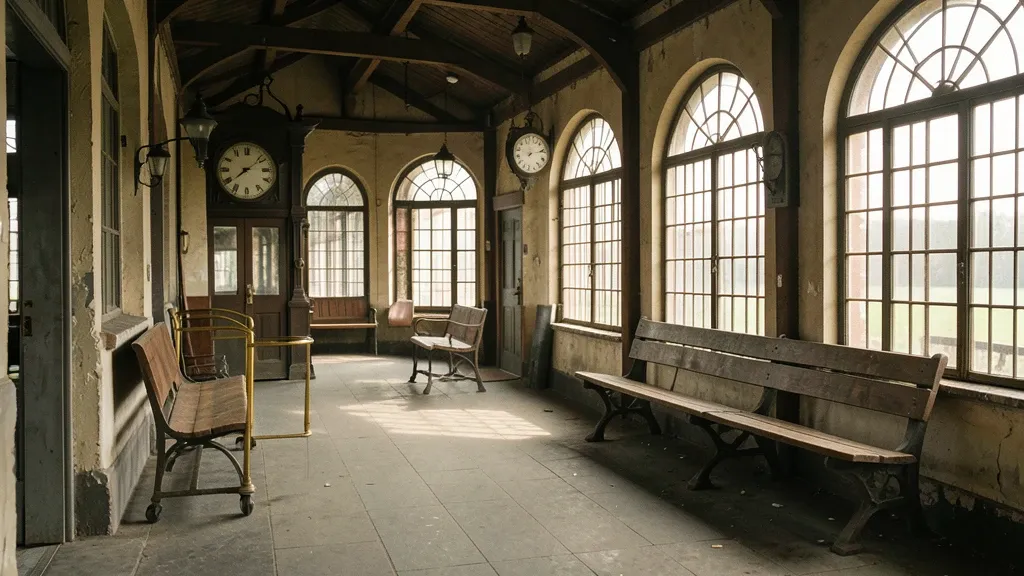 Vintage railway platform with antique clock, brass luggage cart, wooden benches, and arched windows