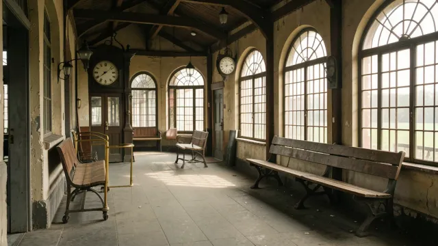 Vintage railway platform with antique clock, brass luggage cart, wooden benches, and arched windows