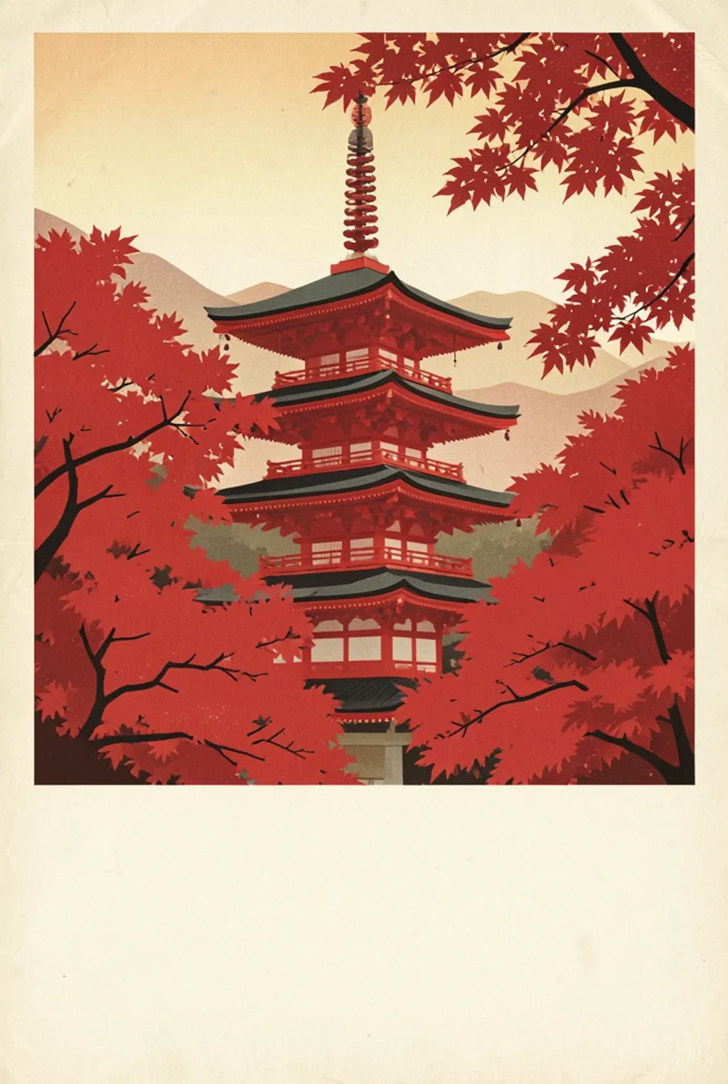 Mid-century screen-print travel poster of a vermilion Kyoto pagoda among crimson autumn maples