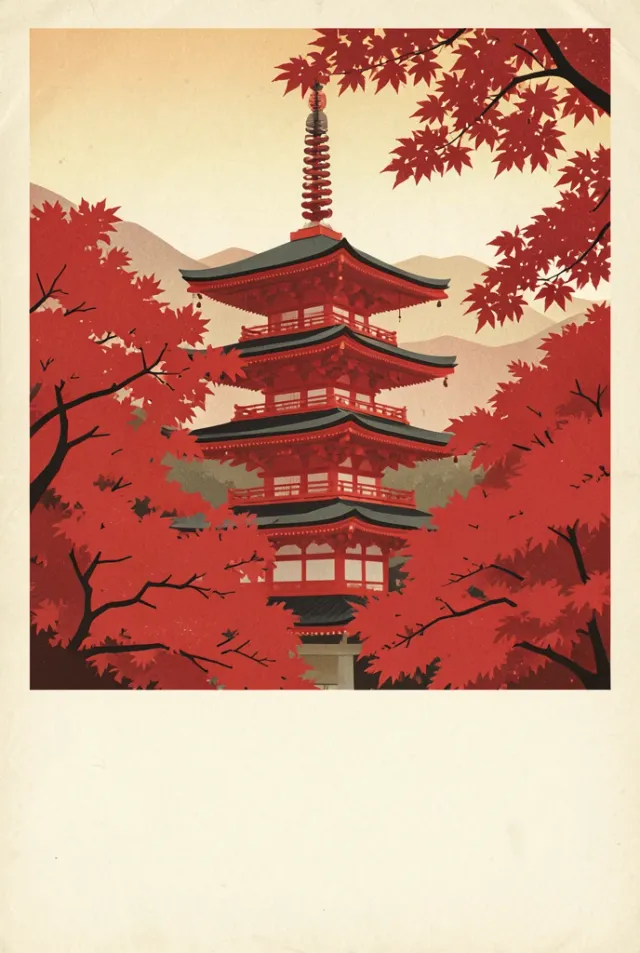 Mid-century screen-print travel poster of a vermilion Kyoto pagoda among crimson autumn maples
