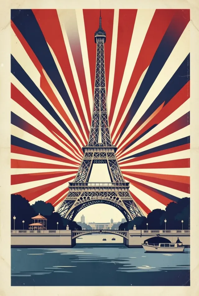Vintage Paris travel poster with Eiffel Tower, art deco sunburst, cafe, and Seine in cream and navy