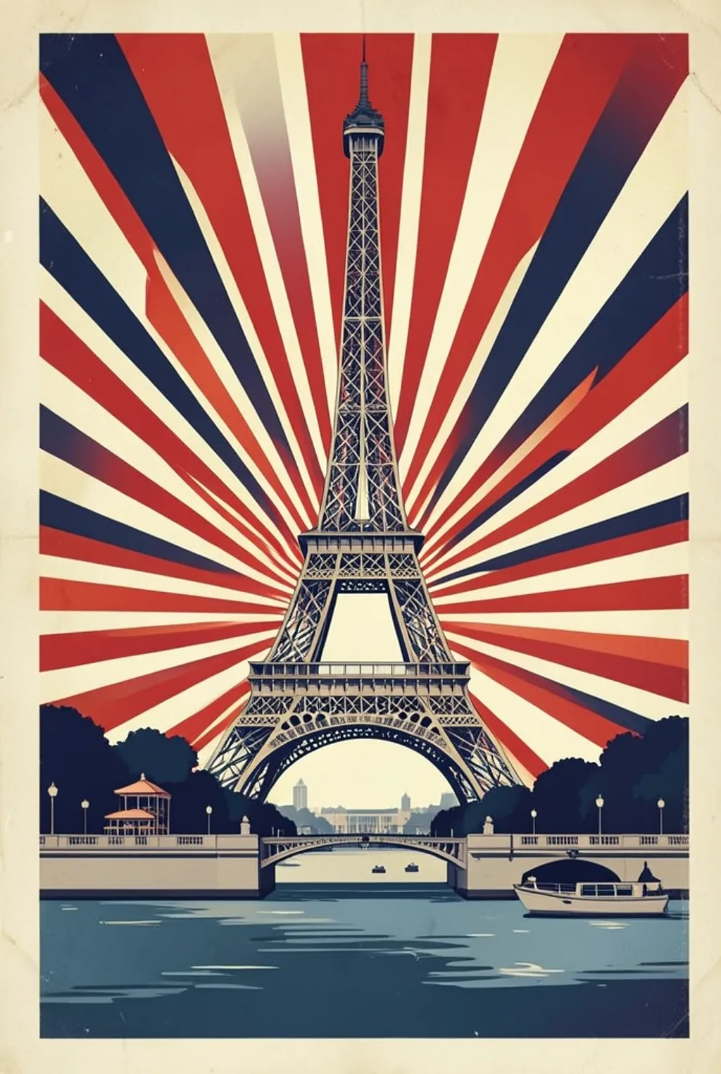Vintage Paris travel poster with Eiffel Tower, art deco sunburst, cafe, and Seine in cream and navy