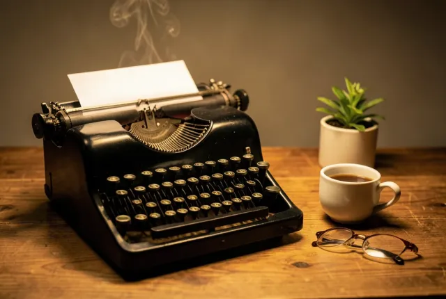 Classic black typewriter with paper on a wooden desk beside a steaming coffee cup, glasses, and plant