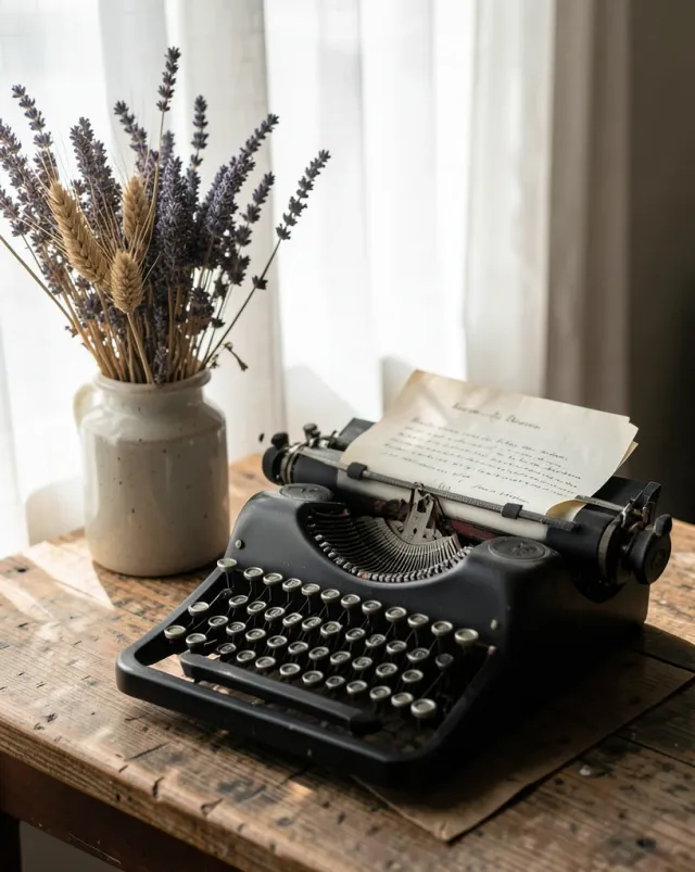 Vintage typewriter on a weathered desk with dried lavender and a half-loaded paper