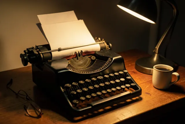 Classic black typewriter with round keys on a wooden desk, paper loaded, glasses and coffee cup beside it