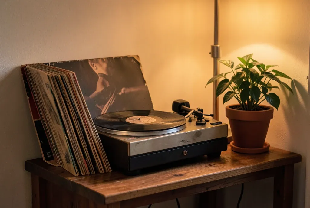 Vintage turntable on a wooden shelf with vinyl records, warm lamp, and potted plant in a cozy apartment corner