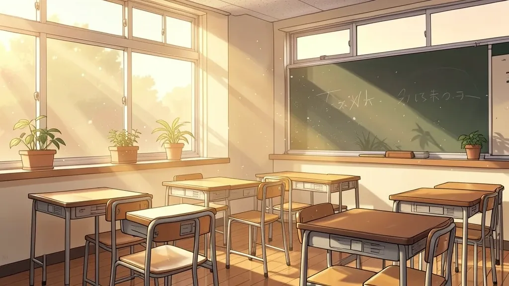 Visual novel background of a Japanese high school classroom at golden hour with empty desks in amber cream and brown
