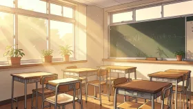 Visual novel background of a Japanese high school classroom at golden hour with empty desks in amber cream and brown