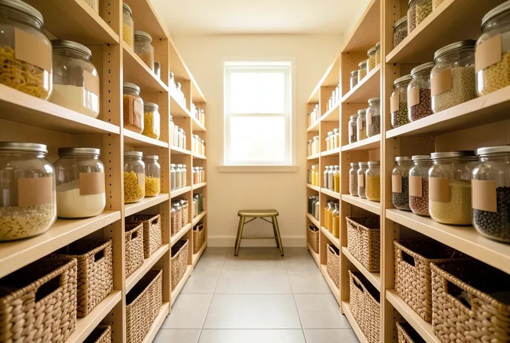 Walk-in pantry with matching glass jars of dry goods on white oak shelves in warm morning light