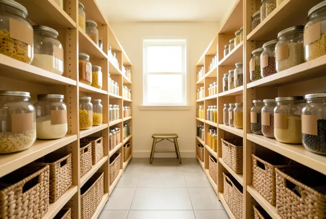 Walk-in pantry with matching glass jars of dry goods on white oak shelves in warm morning light