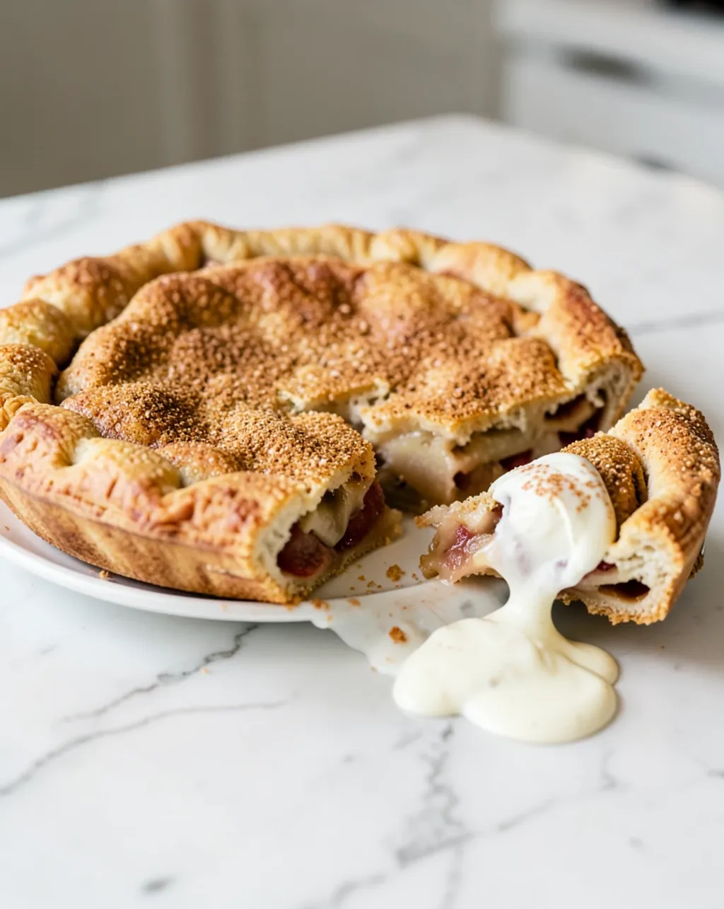 Warm apple pie with a lifted slice showing soft filling and melting ice cream