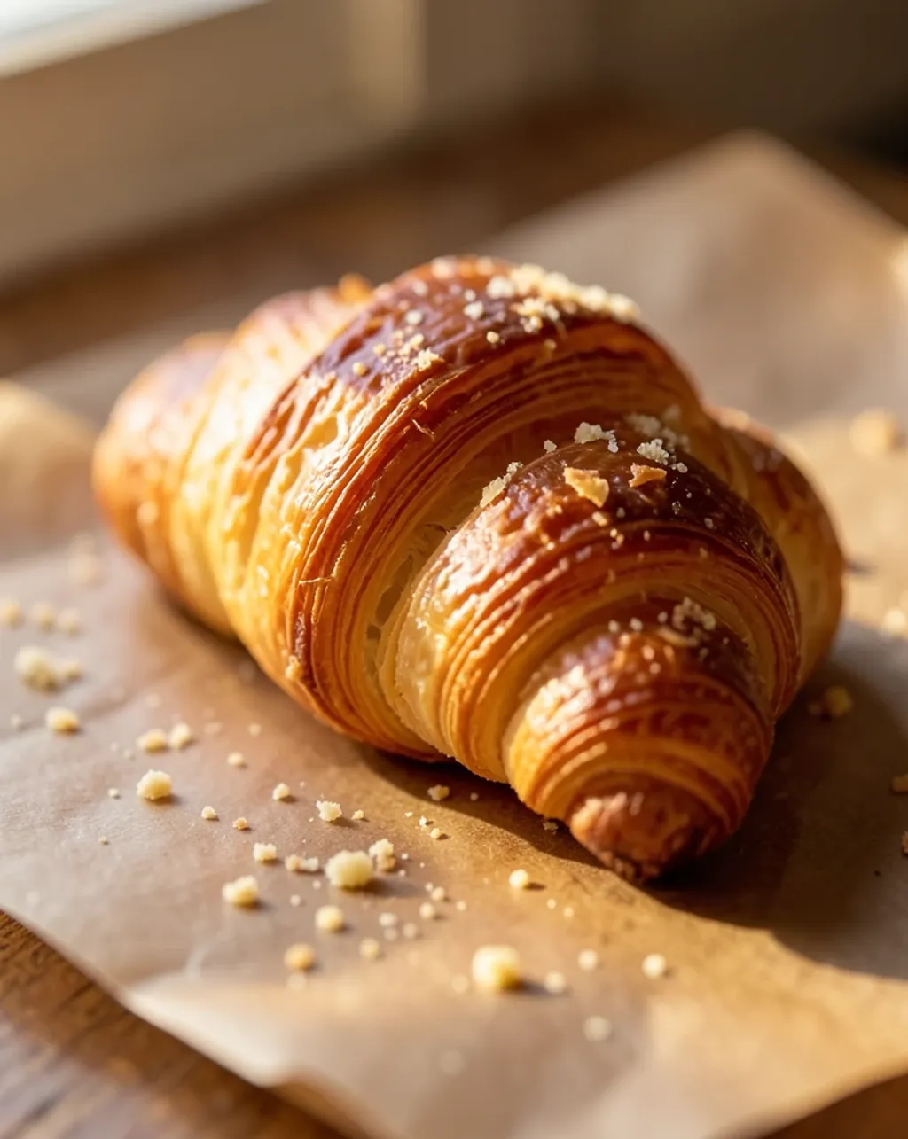 Golden flaky croissant on brown parchment with butter layers visible and soft morning light